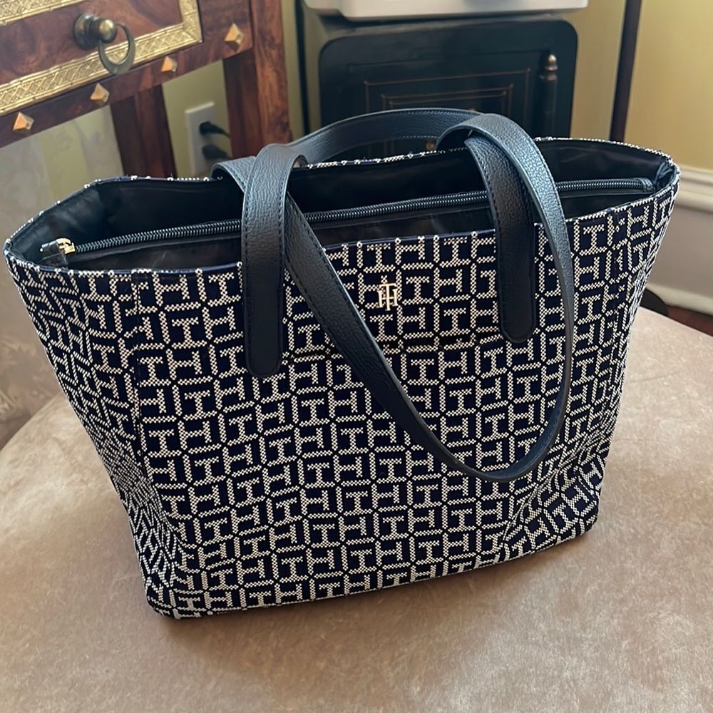 *Tommy Hilfiger* Fabric Canvas Midnight Blue Monogram Handbag Tote